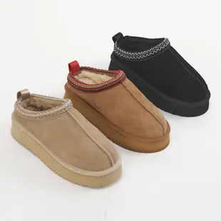 FM SHOES 真牛皮厚底民族風+5°C保暖雪靴拖鞋 黑