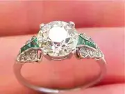 Art Deco Style Round Cut Lab Created Diamond & Emerald Ring 14k White Gold FN