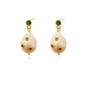Culturesse Portia 30cm Earrings Baroque Pearls Emerald Stone 24K Gold Plated