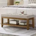 24KF Large Rectangular Upholstered Tufted Linen Fabric Ottoman Bench, Padded Ben