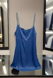 Anthropologie Slip Dress Mini Sz 14 Back Cutout Blue Glam Slinky Sexy Retro
