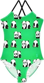 [RPLIFE] Cute Cartoon Pandas Poses Green Girls Swimming Suit, Beach Bathing Suit 3-10 Y with Adjustable Shoulder Strap, 3-10 Y