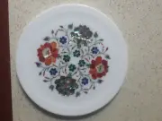 11" Antique white Marble Round Serving Plate tray makrana Mosaic Inlay Art y27