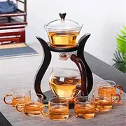 Aoheuo Lazy Kungfu Glass Tea Set Water Diversion Rotating Cover Bowl Semi-Automatic Glass Teapot Suit (Wooden)
