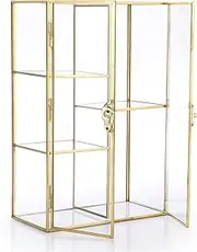 ELLDOO 5 Slots Clear Glass Storage Box, Gold Mirrored Jewelry Makeup Display Organizer Case, Decorative Tower Box Storage for Trinket Perfume Lipstick Figure Statue Toy Display