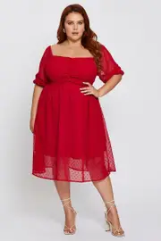 Brown 3/4 Sleeve Chiffon Flocked Midi Dress