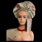 Elegant African AutoGele, Shoulder & Men-Cap pc. Champagne & Red Diamond Pattern