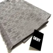 New DKNY Graphic Signature Pashmina Scarf 28"x 70" Silver Gray Shiny