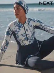 Navy/White Floral Long Sleeve Modesty Burkini Shaping Swimsuit (E51565) | $131