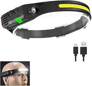 Sensor Headlamp COB LED Head Lamp Flashlight USB Rechargeable Head Torch 5 Lighting Modes Head Light (COB White Light)