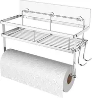 ESOW Paper Towel Holder with Shelf Storage, Adhesive Wall Mount 2-in-1 Basket Organizer for Kitchen & Bathroom, Durable Metal Wire Design, Stainless Steel 304 Brushed Nickel Finish