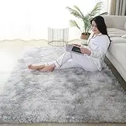 Long Hair Tie-Dyed Silk Carpet Home Living Room Bedroom Full Bed Side Bay Window Carpet Floor Mat Door Mat Absorbent Foot Mat,Tie dye Light Gray,160x230cm