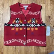 PENDLETON Red Virgin Wool & Leather Aztec Button-Up Vest LARGE USA