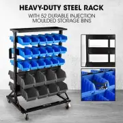 Mobile Double-Sided Bin Rack Storage System with 52 Bins - Blue