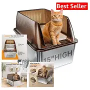 15'' XL Anti-Leak Stainless Steel Cat Litter Box with Lid - Perfect for Big Cats