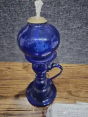 Hand Blown Glass Handled English Lacemaker Repro Light Oil Lamp Cobalt Blue