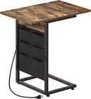 Foldable C Shaped End Table with Charging Station, C Rustic Brown, Black