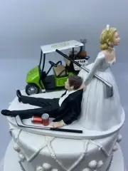 Funny Golfing Bride and Groom With Green Golf Cart Wedding cake topper