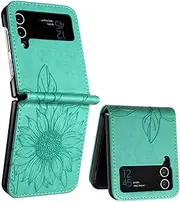 [SATURCASE] Case for Samsung Galaxy Z Flip 3, Sunflower Embossing PU Leather Protective Cover for Samsung Galaxy Z Flip 3 (HE-Green)