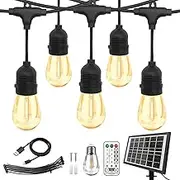 Solar String Lights Outdoor 33FT, CTDZLED 15+1 S14 Edison Bulbs Waterproof and Shatterproof Heavy Duty String Light Outdoor, 6000mAh&USB-C, String Light with Remote for Patio Garden Party 8 Modes