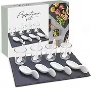 MIJOMA Amuse-Gueule 13-Piece Set - Slate Serving Plate with Porcelain Bowls, Glasses & Spoons - Stylish Tapas and Appetizer Set (Design A - Spoon Shape)