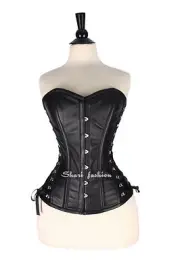Black Real Leather Steel Bones Lace up Back Over Bust Corsets