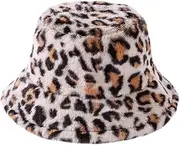 [VALICLUD] Leopard Bucket Hat Faux Fur Hats for Women Fish Warm Hat Fluffy Print Cheetah Plush Animals Leopard Knit Hat Plush Bucket Hat Fuzzy Bucket Cap Polyester Pink