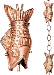 487P-8 Rain Chain, 8-1/2 Feet Long, Large Wide Mouthed Fish, Polished Copper