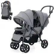 Costway Stroller Tandem Twin Pram Travel Pushchair w/Adjustable Canopy & Footrest & 5-Point Harness & Storage Basket