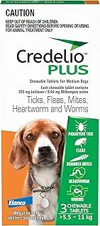 Credelio PLUS Dog Flea and Tick Treatment, Single Pack, Ticks, Fleas, Mites, Heartworm & Worms Parasite Protection, in The Smallest Monthly Chewable Tablet for Dogs > 5.5-11 kg, 1 Pack