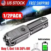 2PCS New Rechargeable LED Flashlight Tactical Police Super Bright Torch Zoomable