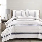 Lush Decor Farmhouse Stripe Reversible Cotton Quilt Set - 3 Piece Cozy Pinstripe Bedding Set - Classic Modern Rustic Charm Bedroom Decor - Full/Queen, Navy