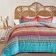Flysheep Boho Striped Bed in a Bag 7 Pieces Queen Size, Colorful Bohemian Tribal Teal Blue Red Reversible Comforter Bed Set (1 Comforter, 1 Flat Sheet, 1 Fitted Sheet, 2 Pillow Shams, 2 Pillowcases)