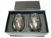 NEW, SWEETZER & ORANGE MR & MRS BRIDE AND GROOM STEMLESS SET OF 2 WINE GLASSES