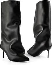 Lunhonk Fold Over Boots For Women Shark Toe Knee High Boots Pointed Toe Stiletto Heel Knee High Boots Slouchy Stretchy Vegan Leather Boots