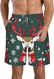[MISTRARA] Christmas Deer Men's Casual Beach Shorts Quick Drying Shorts Men's Stretch Swim Trunks
