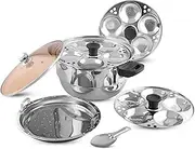 KSJONE Stainless Steel 5 pcs Multi Kadai with Glass See Through lid, 3 idli Plates (15 Idlis), 1 Idly Spoon and 1 Steamer Silver (Induction Friendly)