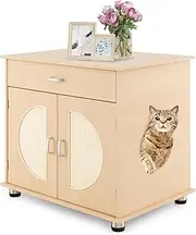 Costway Cat Litter Box Enclosure, Hidden Cat Washroom Furniture w/Drawer, Sisal Scratching Doors, Adjustable Metal Feet, Indoor Cat House End Side Table