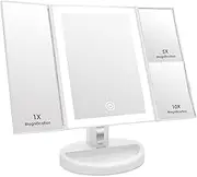 Auxmir Vanity Makeup Mirror with 34 LED Lights, 10X/5X/1X Magnifying Mirror with Touch Screen, Stepless Dimmable Brightness Adjustable Trifold Mirrors, Dual Power 180° Rotation Cosmetic Mirrors