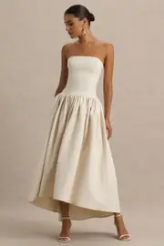 Candice | Cream Bandeau Volume Midi Dress With Back Bow Detail
