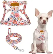 SlowTon Puppy Harness and Leash Set, No Pull Adjustable Lightweight Soft Suede Pet Harness Vest with Snap Buckle for Puppy Small and Medium Sized Dog(Floral,XXS)