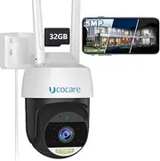 Security Cameras Wireless Outdoor, UCOCARE 3K/5MP Outdoor Security Camera【32GB Memory Card Included】, PTZ Camera with 360° Coverage, Smart Motion Tracking, Full Color Night Vision, Two-Way Talk