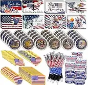 Equsion 24 Sets 4th of July Party Favors Include Patriotic Thank You Cards With Envelopes Stickers Military Challenge Coins Lapel Pins Silicone Bracelet Ballpoint Pens For Independence Day