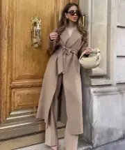 Zara Double Faced Wool Blend Coat Size S M Camel NEW Long Belted Fall Jacket