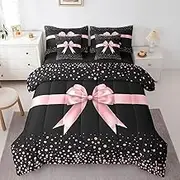 jejeloiu Girls Bow Comforter Set with Sheets Full Size 7 Pieces Dreamy Princess Bowknot Bedding Set for Kids Women Polka Dots Bed in a Bag Pink and Black Simple Modern Geometric Room Decor