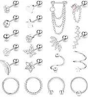 [Sanfenly] 20Pcs 16G Helix Cartilage Earrings Silver/Gold Surgical Steel Helix Piercing Jewellery for Women Ball Feather Heart Star Tragus Earrings Stud Hoop Set Tragus Conch Piercing Jewellery