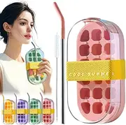 Ice Bottle Cup,2 in 1 Zero Touch Press Ice Cube Tray Mold with Straw,Ice Cube Making Water Bottle with Lid and Bin,Touch-Free Ice Cube Maker,Vertical Ice Cube Trays with Lid for Freezer(Pink,800ml)