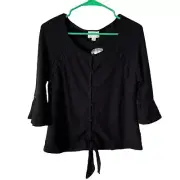 Jun & Ivy Black Waffle Knit Button Front Bell Sleeve Thermal Crop Top Small NEW