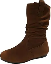 [JEUROT] Women Mid Calf Boot Fashion Slouchy Flat Western Boot Round Toe Pull On Riding Boots Wide Calf Comfortable Booties