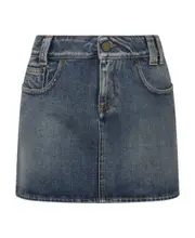 Alessandra Rich Logo Patch Rose Embellished Denim Mini Skirt 26 Blue